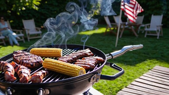 Food on Barbeque Grill in front of lawn and chairs